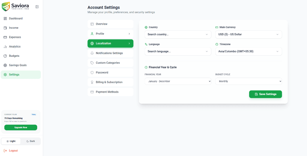 Saviora Account Settings Localization screen with Country, Main Currency, Language, Timezone, Financial Year, and Budget Cycle